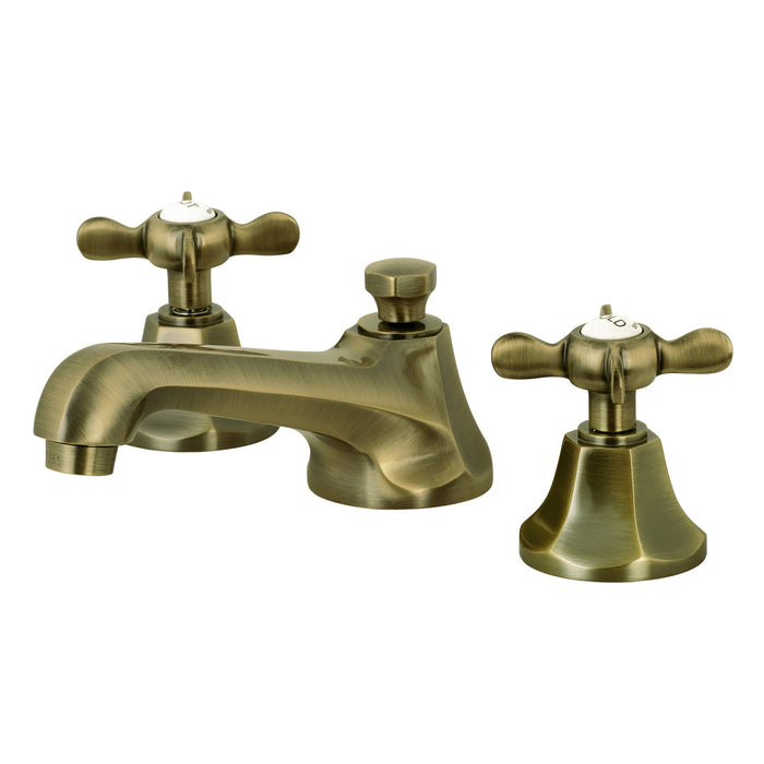Kingston Tulare KS4463BEX - Essex Two-Handle 3-Hole Deck Mount Widespread Bathroom Faucet with Brass Pop-Up, Antique Brass