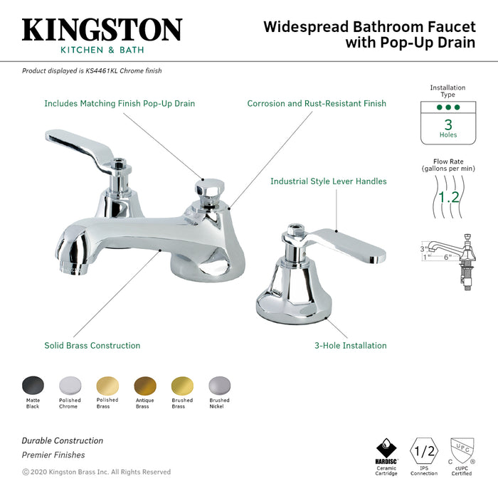 Kingston Heirloom KS4463KL - Whitaker Two-Handle 3-Hole Deck Mount Widespread Bathroom Faucet with Brass Pop-Up, Antique Brass