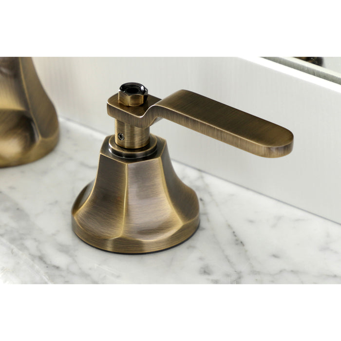 Kingston Heirloom KS4463KL - Whitaker Two-Handle 3-Hole Deck Mount Widespread Bathroom Faucet with Brass Pop-Up, Antique Brass