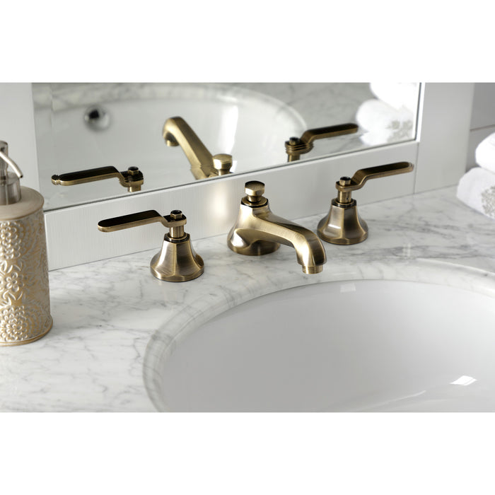 Kingston Heirloom KS4463KL - Whitaker Two-Handle 3-Hole Deck Mount Widespread Bathroom Faucet with Brass Pop-Up, Antique Brass