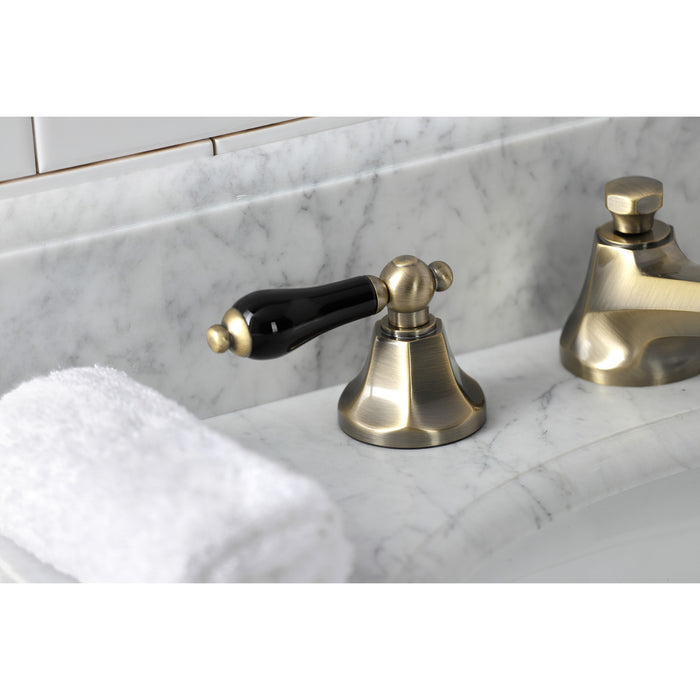 Kingston Tulare KS4463PKL - Duchess Two-Handle 3-Hole Deck Mount Widespread Bathroom Faucet with Brass Pop-Up, Antique Brass