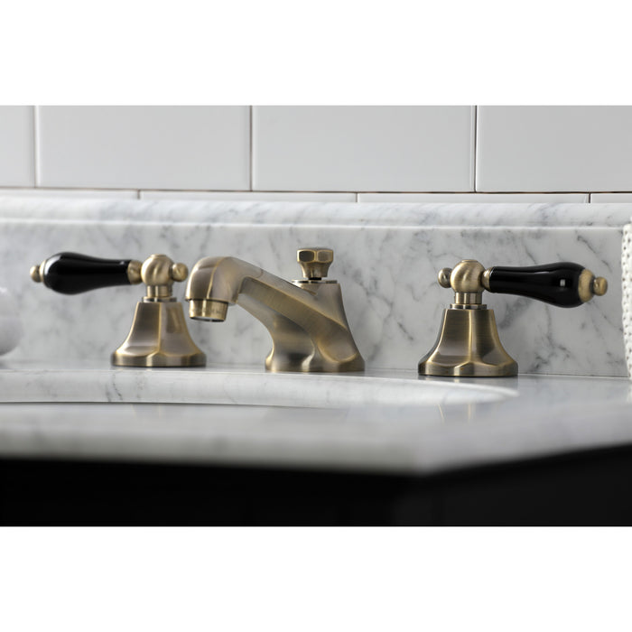 Kingston Tulare KS4463PKL - Duchess Two-Handle 3-Hole Deck Mount Widespread Bathroom Faucet with Brass Pop-Up, Antique Brass