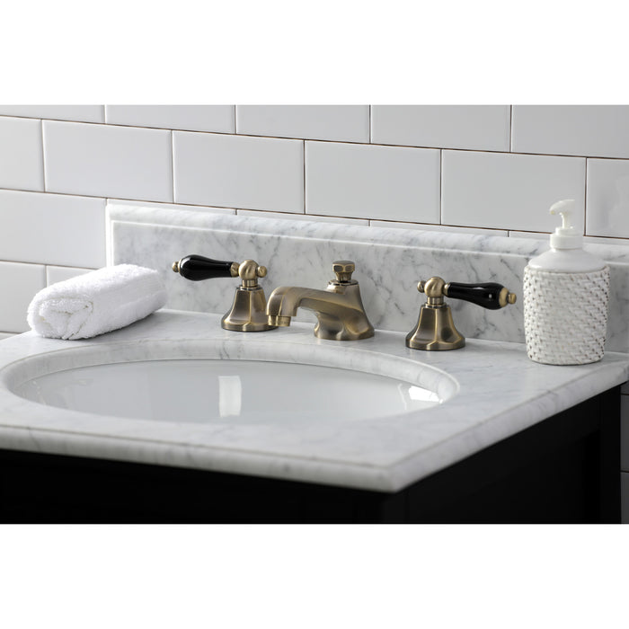 Kingston Tulare KS4463PKL - Duchess Two-Handle 3-Hole Deck Mount Widespread Bathroom Faucet with Brass Pop-Up, Antique Brass