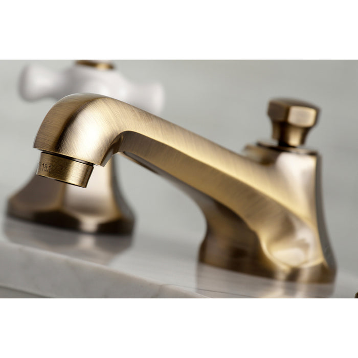 Kingston Tulare KS4463PX - Metropolitan Two-Handle 3-Hole Deck Mount Widespread Bathroom Faucet with Brass Pop-Up, Antique Brass