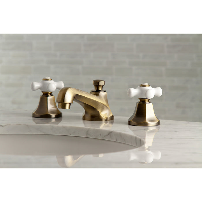 Kingston Tulare KS4463PX - Metropolitan Two-Handle 3-Hole Deck Mount Widespread Bathroom Faucet with Brass Pop-Up, Antique Brass