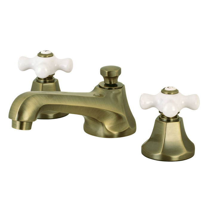 Kingston Tulare KS4463PX - Metropolitan Two-Handle 3-Hole Deck Mount Widespread Bathroom Faucet with Brass Pop-Up, Antique Brass