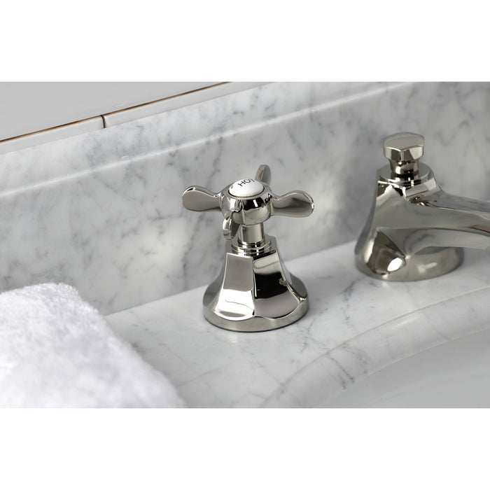Kingston Tulare KS4466BEX - Essex Two-Handle 3-Hole Deck Mount Widespread Bathroom Faucet with Brass Pop-Up, Polished Nickel