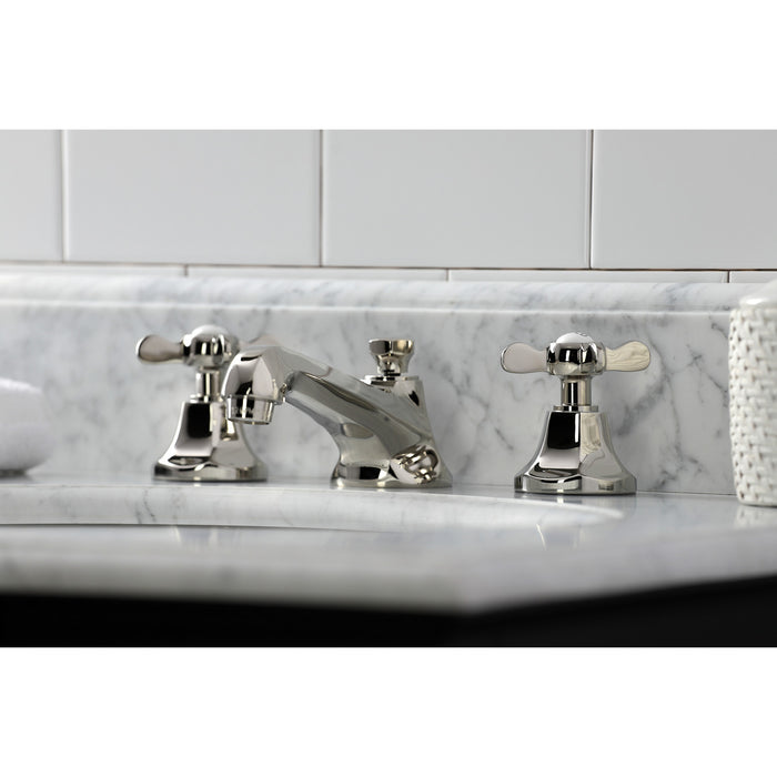 Kingston Tulare KS4466BEX - Essex Two-Handle 3-Hole Deck Mount Widespread Bathroom Faucet with Brass Pop-Up, Polished Nickel