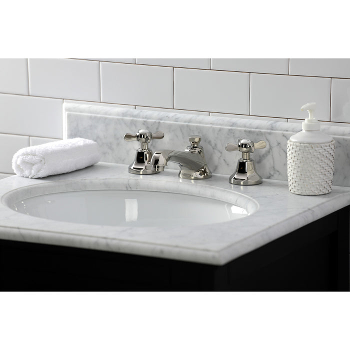 Kingston Tulare KS4466BEX - Essex Two-Handle 3-Hole Deck Mount Widespread Bathroom Faucet with Brass Pop-Up, Polished Nickel