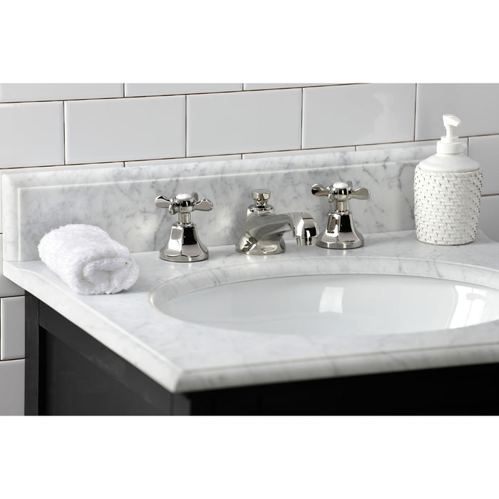 Kingston Tulare KS4466BEX - Essex Two-Handle 3-Hole Deck Mount Widespread Bathroom Faucet with Brass Pop-Up, Polished Nickel