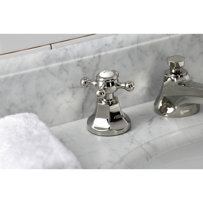Kingston Heirloom KS4466BX - Metropolitan Two-Handle 3-Hole Deck Mount Widespread Bathroom Faucet with Brass Pop-Up, Polished Nickel