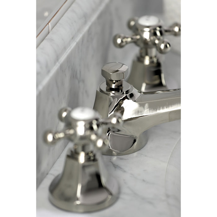 Kingston Heirloom KS4466BX - Metropolitan Two-Handle 3-Hole Deck Mount Widespread Bathroom Faucet with Brass Pop-Up, Polished Nickel