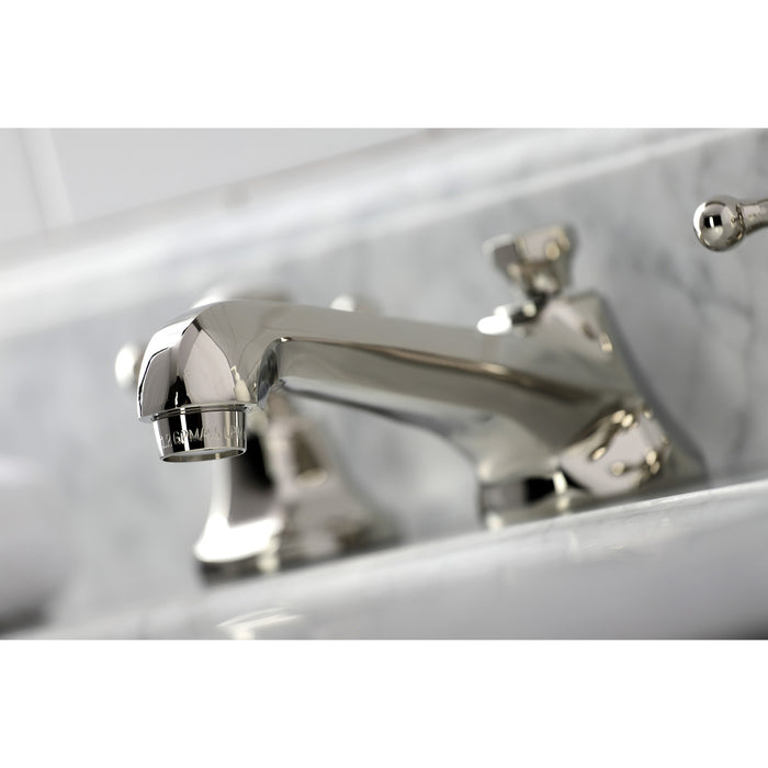 Kingston Heirloom KS4466BX - Metropolitan Two-Handle 3-Hole Deck Mount Widespread Bathroom Faucet with Brass Pop-Up, Polished Nickel