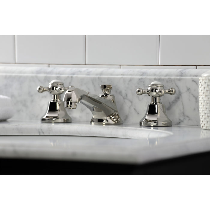 Kingston Heirloom KS4466BX - Metropolitan Two-Handle 3-Hole Deck Mount Widespread Bathroom Faucet with Brass Pop-Up, Polished Nickel