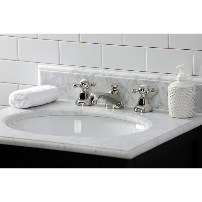 Kingston Heirloom KS4466BX - Metropolitan Two-Handle 3-Hole Deck Mount Widespread Bathroom Faucet with Brass Pop-Up, Polished Nickel