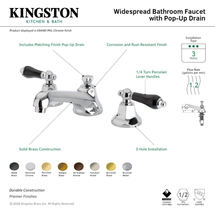 Kingston Tulare KS4466PKL - Duchess Two-Handle 3-Hole Deck Mount Widespread Bathroom Faucet with Brass Pop-Up, Polished Nickel