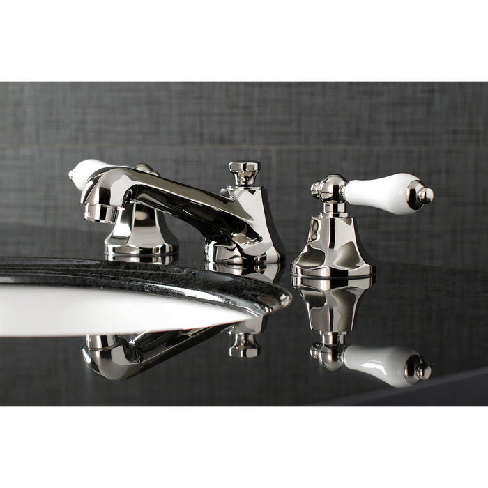 Kingston Tulare KS4466PL - Metropolitan Two-Handle 3-Hole Deck Mount Widespread Bathroom Faucet with Brass Pop-Up, Polished Nickel