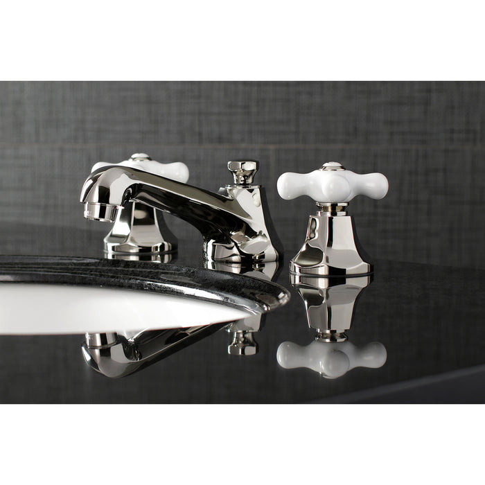 Kingston Tulare KS4466PX - Metropolitan Two-Handle 3-Hole Deck Mount Widespread Bathroom Faucet with Brass Pop-Up, Polished Nickel
