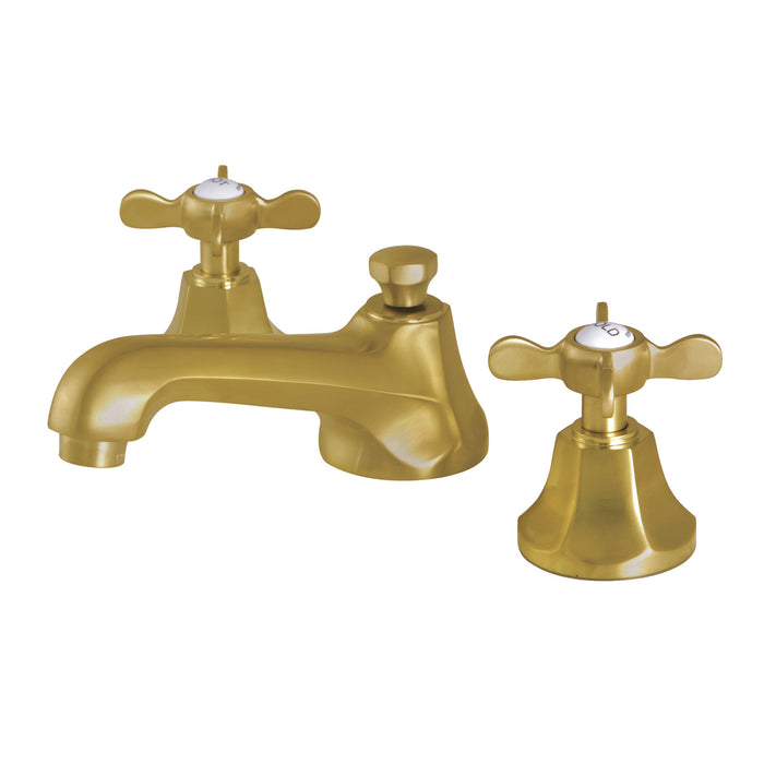 Kingston Tulare KS4467BEX - Essex Two-Handle 3-Hole Deck Mount Widespread Bathroom Faucet with Brass Pop-Up, Brushed Brass