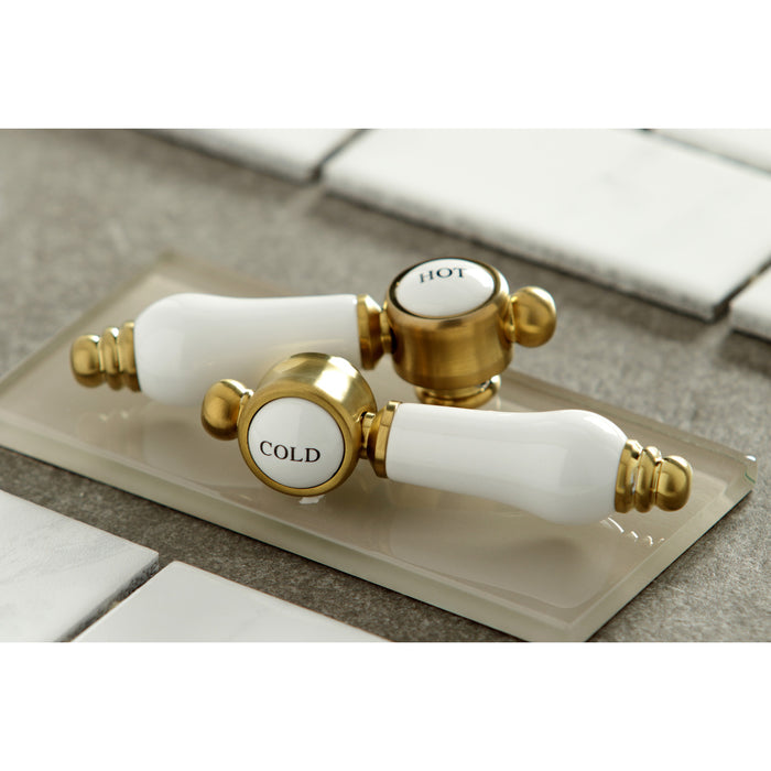 Kingston Tulare KS4467BPL - Bel-Air Two-Handle 3-Hole Deck Mount Widespread Bathroom Faucet with Brass Pop-Up, Brushed Brass