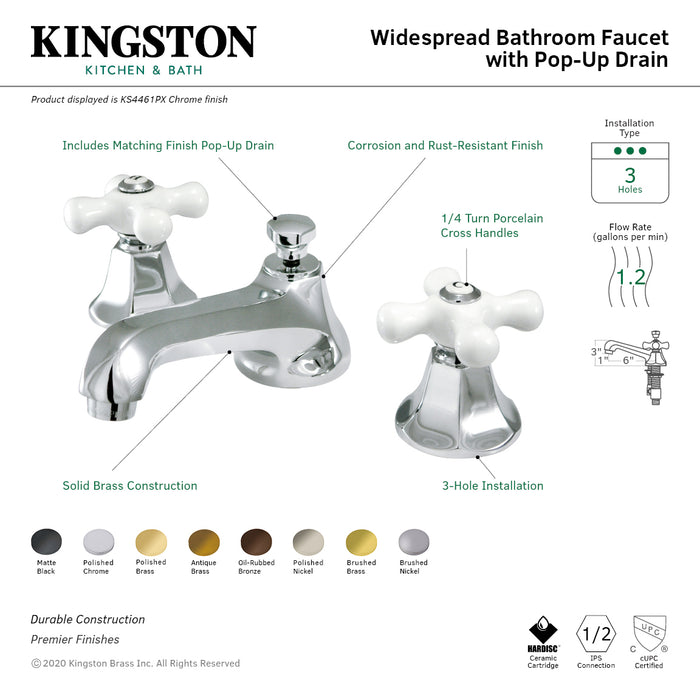 Kingston Tulare KS4467PX - Metropolitan Two-Handle 3-Hole Deck Mount Widespread Bathroom Faucet with Brass Pop-Up, Brushed Brass