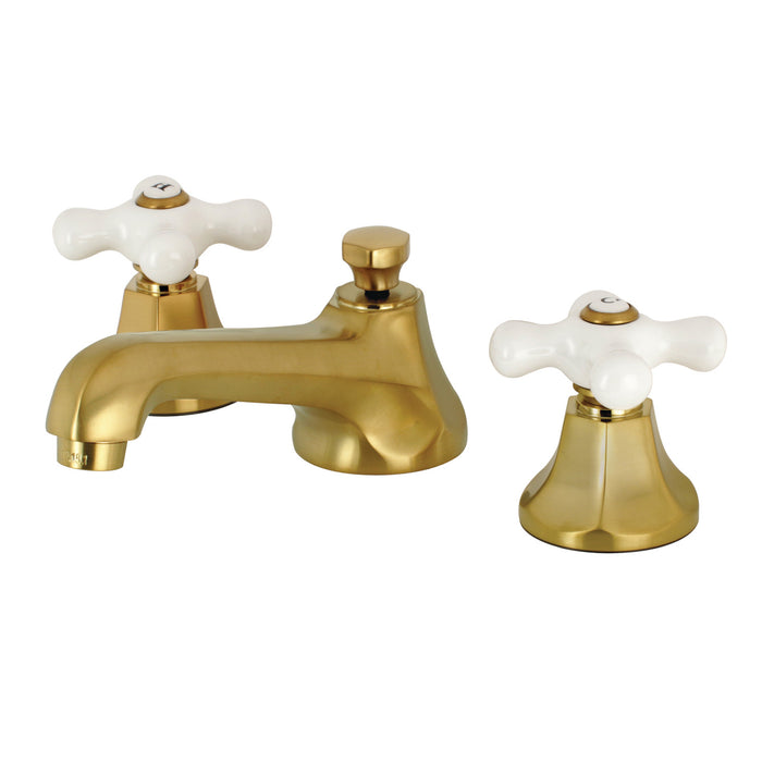 Kingston Tulare KS4467PX - Metropolitan Two-Handle 3-Hole Deck Mount Widespread Bathroom Faucet with Brass Pop-Up, Brushed Brass