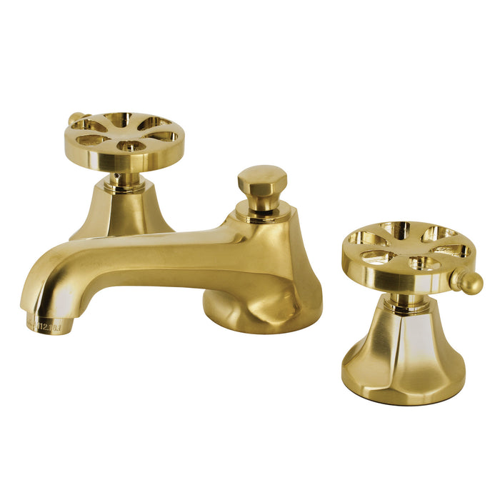 Kingston Tulare KS4467RX - Belknap Two-Handle 3-Hole Deck Mount Widespread Bathroom Faucet with Brass Pop-Up, Brushed Brass