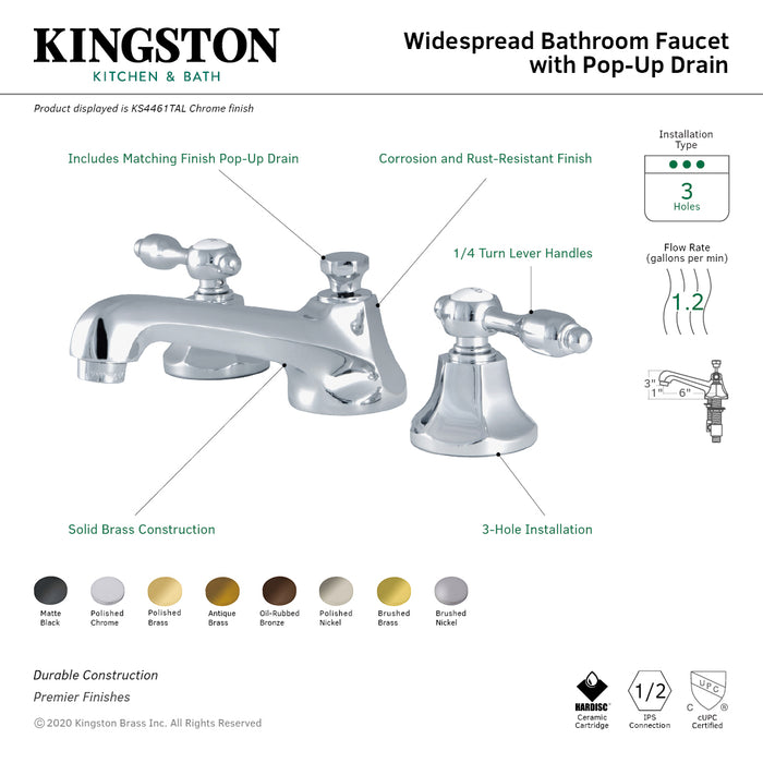 Kingston Tulare KS4467TAL - Tudor Two-Handle 3-Hole Deck Mount Widespread Bathroom Faucet with Brass Pop-Up, Brushed Brass