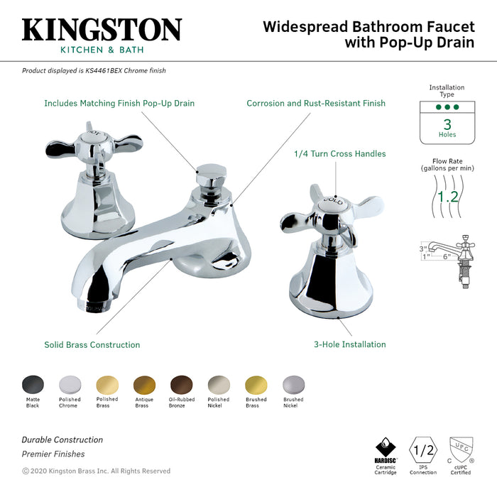 Kingston Tulare KS4468BEX - Essex Two-Handle 3-Hole Deck Mount Widespread Bathroom Faucet with Brass Pop-Up, Brushed Nickel