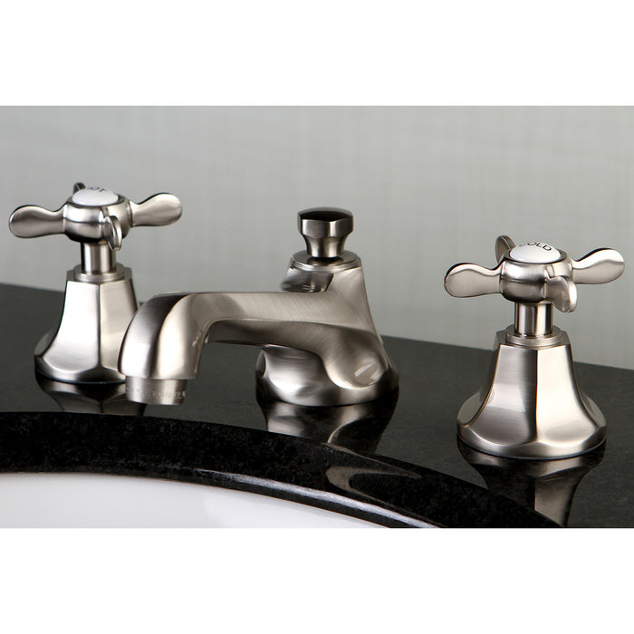 Kingston Tulare KS4468BEX - Essex Two-Handle 3-Hole Deck Mount Widespread Bathroom Faucet with Brass Pop-Up, Brushed Nickel