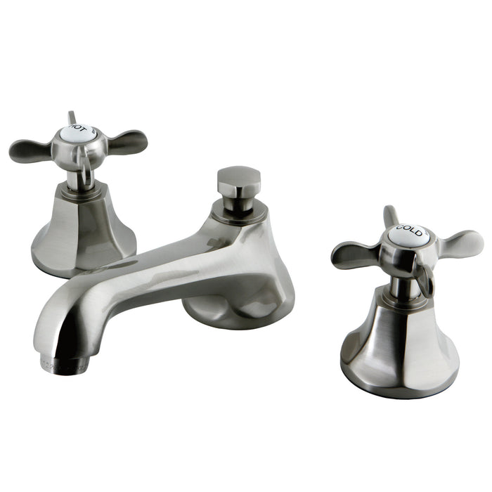Kingston Tulare KS4468BEX - Essex Two-Handle 3-Hole Deck Mount Widespread Bathroom Faucet with Brass Pop-Up, Brushed Nickel