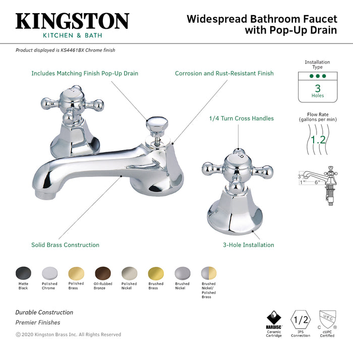 Kingston Heirloom KS4468BX - Metropolitan Two-Handle 3-Hole Deck Mount Widespread Bathroom Faucet with Brass Pop-Up, Brushed Nickel