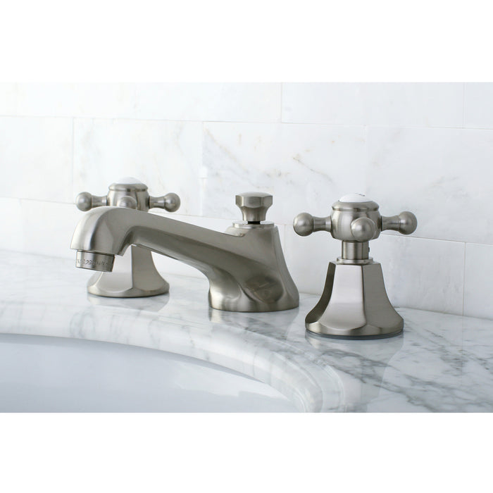 Kingston Heirloom KS4468BX - Metropolitan Two-Handle 3-Hole Deck Mount Widespread Bathroom Faucet with Brass Pop-Up, Brushed Nickel