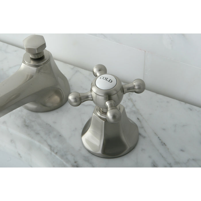 Kingston Heirloom KS4468BX - Metropolitan Two-Handle 3-Hole Deck Mount Widespread Bathroom Faucet with Brass Pop-Up, Brushed Nickel