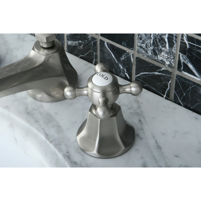 Kingston Heirloom KS4468BX - Metropolitan Two-Handle 3-Hole Deck Mount Widespread Bathroom Faucet with Brass Pop-Up, Brushed Nickel