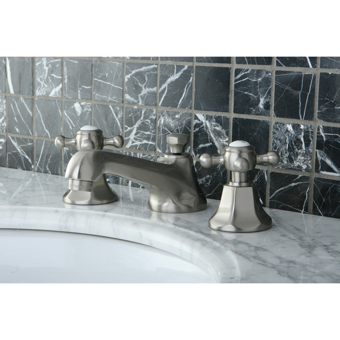 Kingston Heirloom KS4468BX - Metropolitan Two-Handle 3-Hole Deck Mount Widespread Bathroom Faucet with Brass Pop-Up, Brushed Nickel