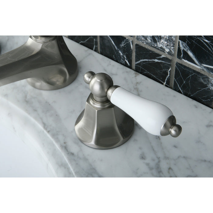 Kingston Tulare KS4468PL - Metropolitan Two-Handle 3-Hole Deck Mount Widespread Bathroom Faucet with Brass Pop-Up, Brushed Nickel