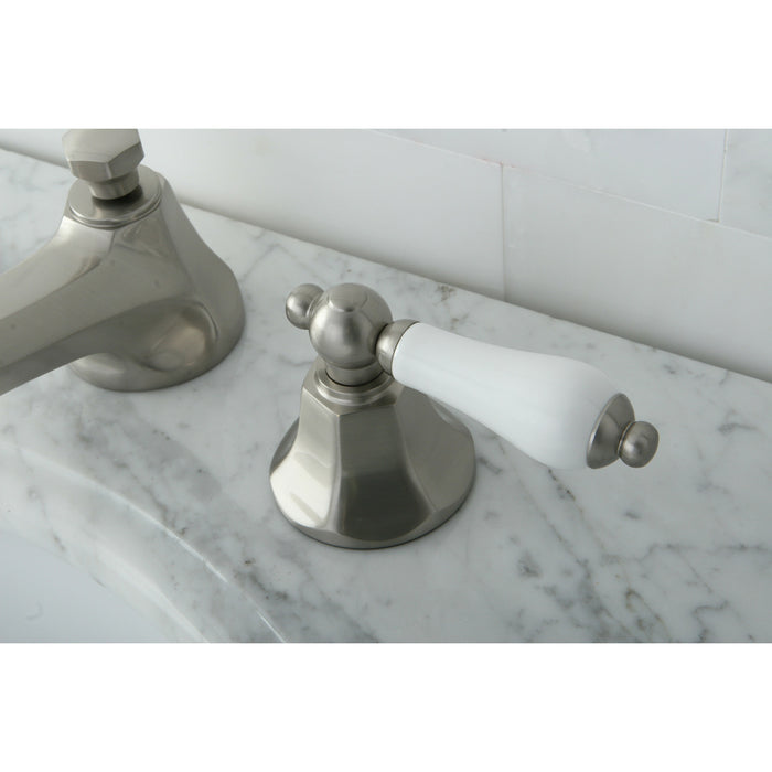 Kingston Tulare KS4468PL - Metropolitan Two-Handle 3-Hole Deck Mount Widespread Bathroom Faucet with Brass Pop-Up, Brushed Nickel