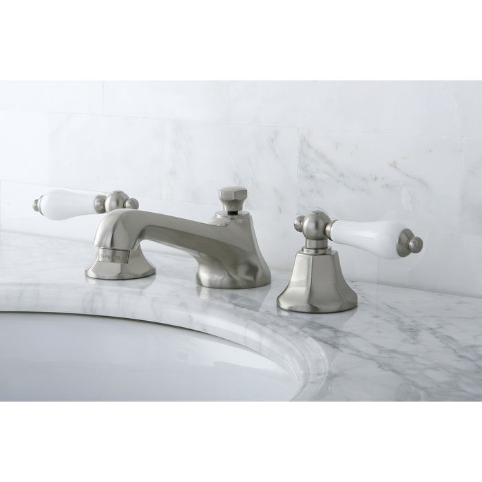 Kingston Tulare KS4468PL - Metropolitan Two-Handle 3-Hole Deck Mount Widespread Bathroom Faucet with Brass Pop-Up, Brushed Nickel