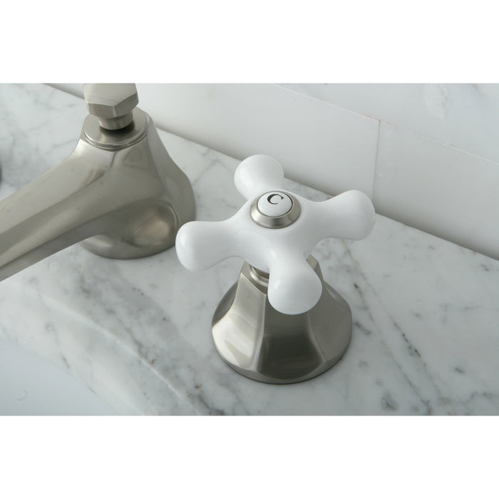 Kingston Tulare KS4468PX - Metropolitan Two-Handle 3-Hole Deck Mount Widespread Bathroom Faucet with Brass Pop-Up, Brushed Nickel