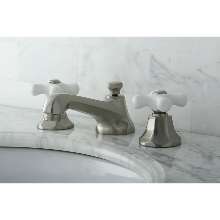 Kingston Tulare KS4468PX - Metropolitan Two-Handle 3-Hole Deck Mount Widespread Bathroom Faucet with Brass Pop-Up, Brushed Nickel