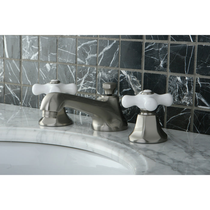 Kingston Tulare KS4468PX - Metropolitan Two-Handle 3-Hole Deck Mount Widespread Bathroom Faucet with Brass Pop-Up, Brushed Nickel