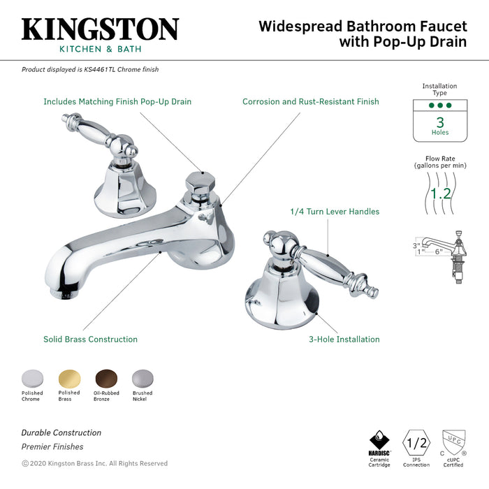 Kingston Tulare KS4468TL - Metropolitan Two-Handle 3-Hole Deck Mount Widespread Bathroom Faucet with Brass Pop-Up, Brushed Nickel