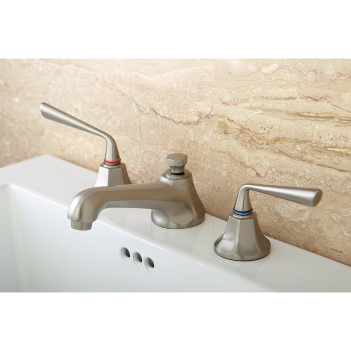 Kingston Tulare KS4468ZL - Silver Sage Two-Handle 3-Hole Deck Mount Widespread Bathroom Faucet with Brass Pop-Up, Brushed Nickel