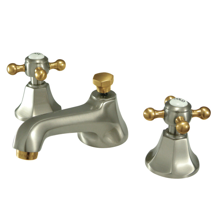 Kingston Heirloom KS4469BX - Metropolitan Two-Handle 3-Hole Deck Mount Widespread Bathroom Faucet with Brass Pop-Up, Brushed Nickel/Polished Brass
