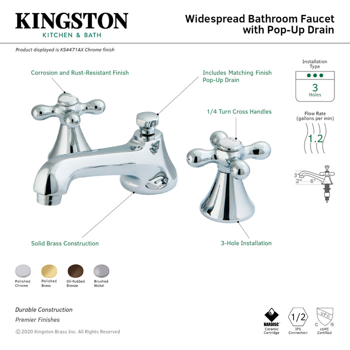 Kingston Tulare KS4471AX Two-Handle 3-Hole Deck Mount Widespread Bathroom Faucet with Brass Pop-Up, Polished Chrome