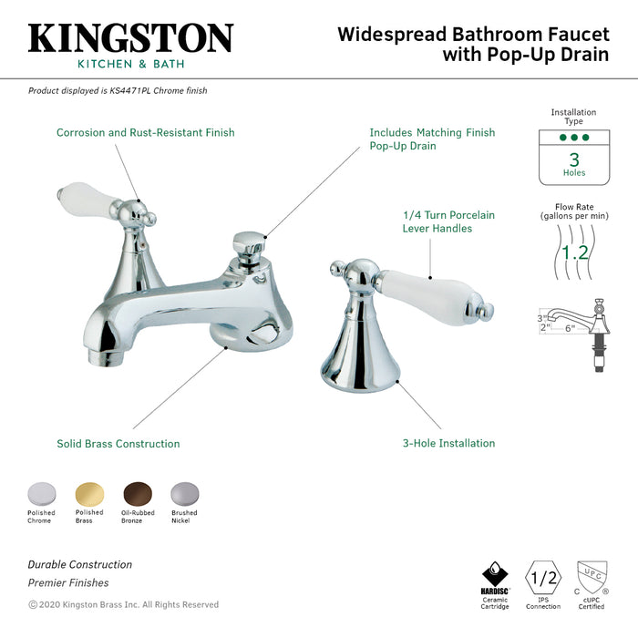 Kingston Tulare KS4471PLTwo-Handle 3-Hole Deck Mount Widespread Bathroom Faucet with Brass Pop-Up, Polished Chrome