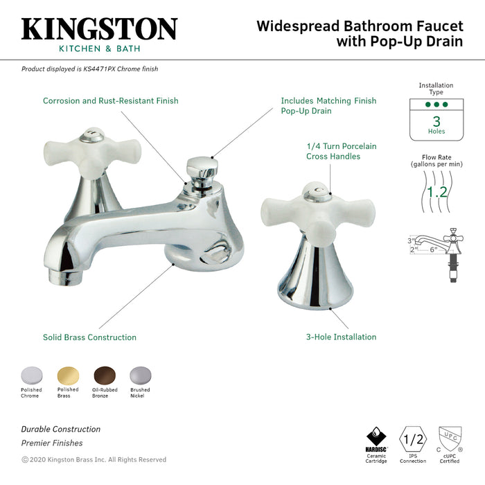 Kingston Tulare KS4471PX Two-Handle 3-Hole Deck Mount Widespread Bathroom Faucet with Brass Pop-Up, Polished Chrome