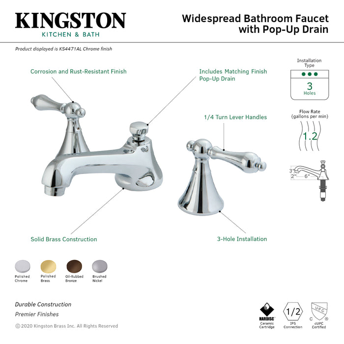Kingston Tulare KS4472ALTwo-Handle 3-Hole Deck Mount Widespread Bathroom Faucet with Brass Pop-Up, Polished Brass