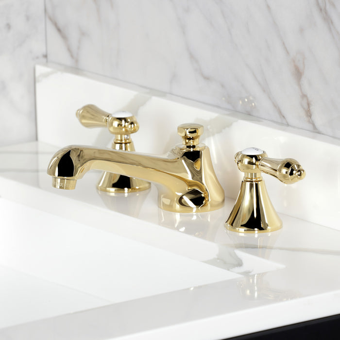 Kingston Tulare KS4472BALTwo-Handle 3-Hole Deck Mount Widespread Bathroom Faucet with Brass Pop-Up, Polished Brass